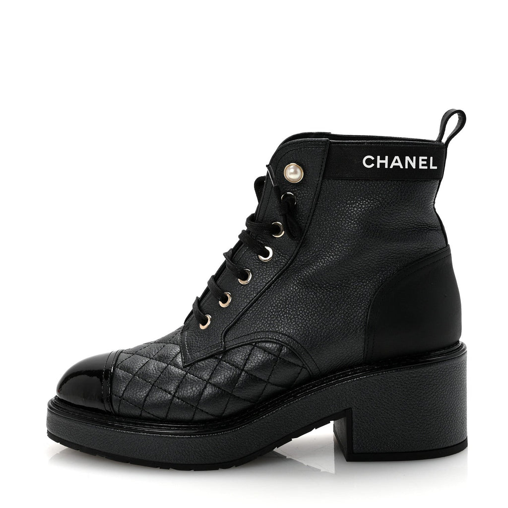 Chanel Pearly Calfskin Patent Calfskin Lace Up Combat Boots 37 Black