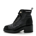Chanel Pearly Calfskin Patent Calfskin Lace Up Combat Boots 37 Black