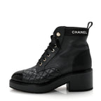 Chanel Pearly Calfskin Patent Calfskin Lace Up Combat Boots 37 Black