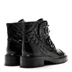 Chanel Shiny Lambskin Quilted Lace Up Combat Boots 38.5 Black