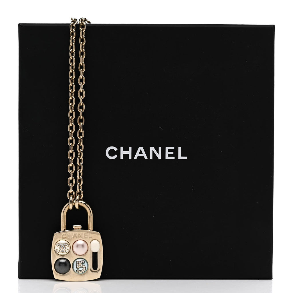 Chanel Pearl Resin Crystal CC No 5 Eyeshadow Pendant Necklace Multicolor