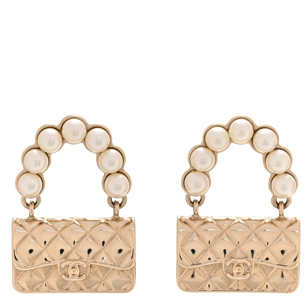 Chanel Pearl Quilted CC Flap Bag Earrings Gold