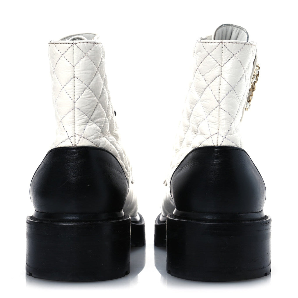 Chanel Shiny Goatskin Calfskin Quilted Lace Up Combat Boots 41.5 White Black