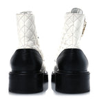 Chanel Shiny Goatskin Calfskin Quilted Lace Up Combat Boots 41.5 White Black