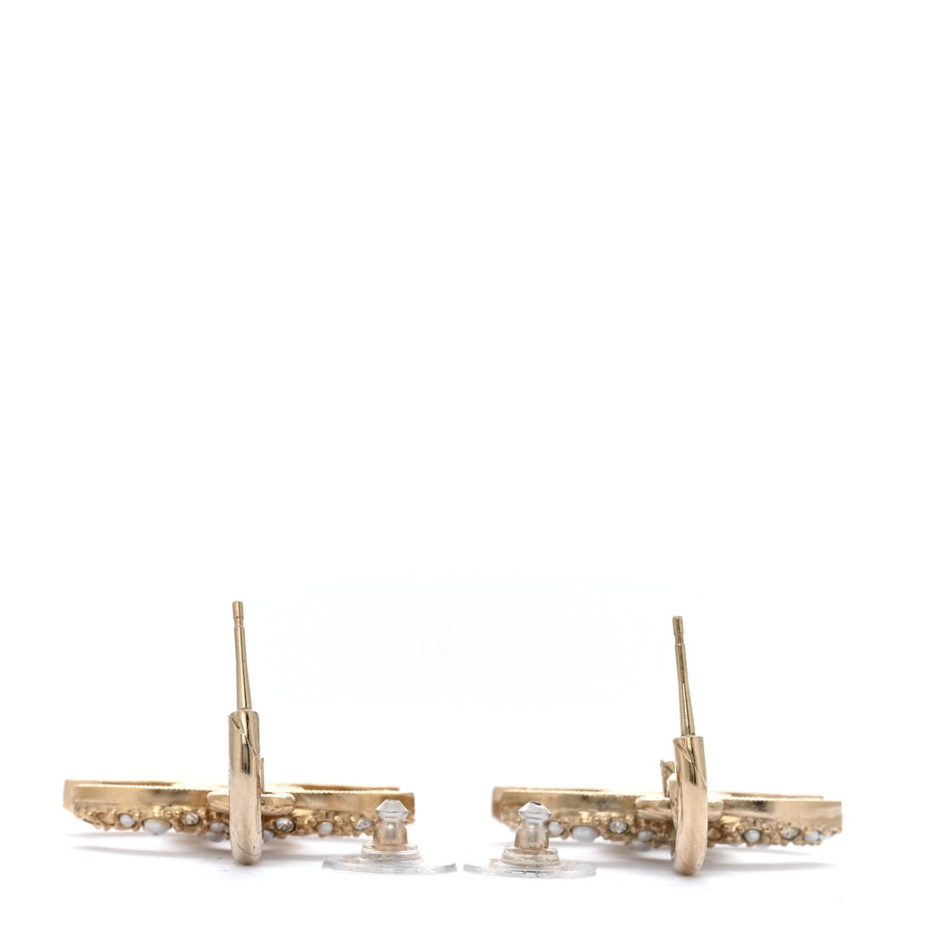 Chanel Crystal Pearls CC Drop Earrings Light Gold