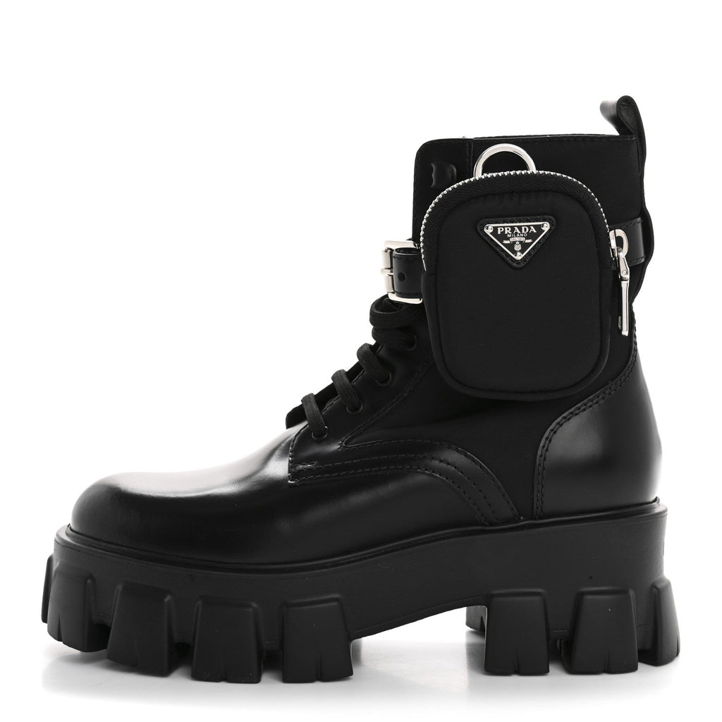 Prada Spazzolato Rois Nylon Metal Triangle Logo Monolith Pouch Pocket 55mm Boots 36.5 Black