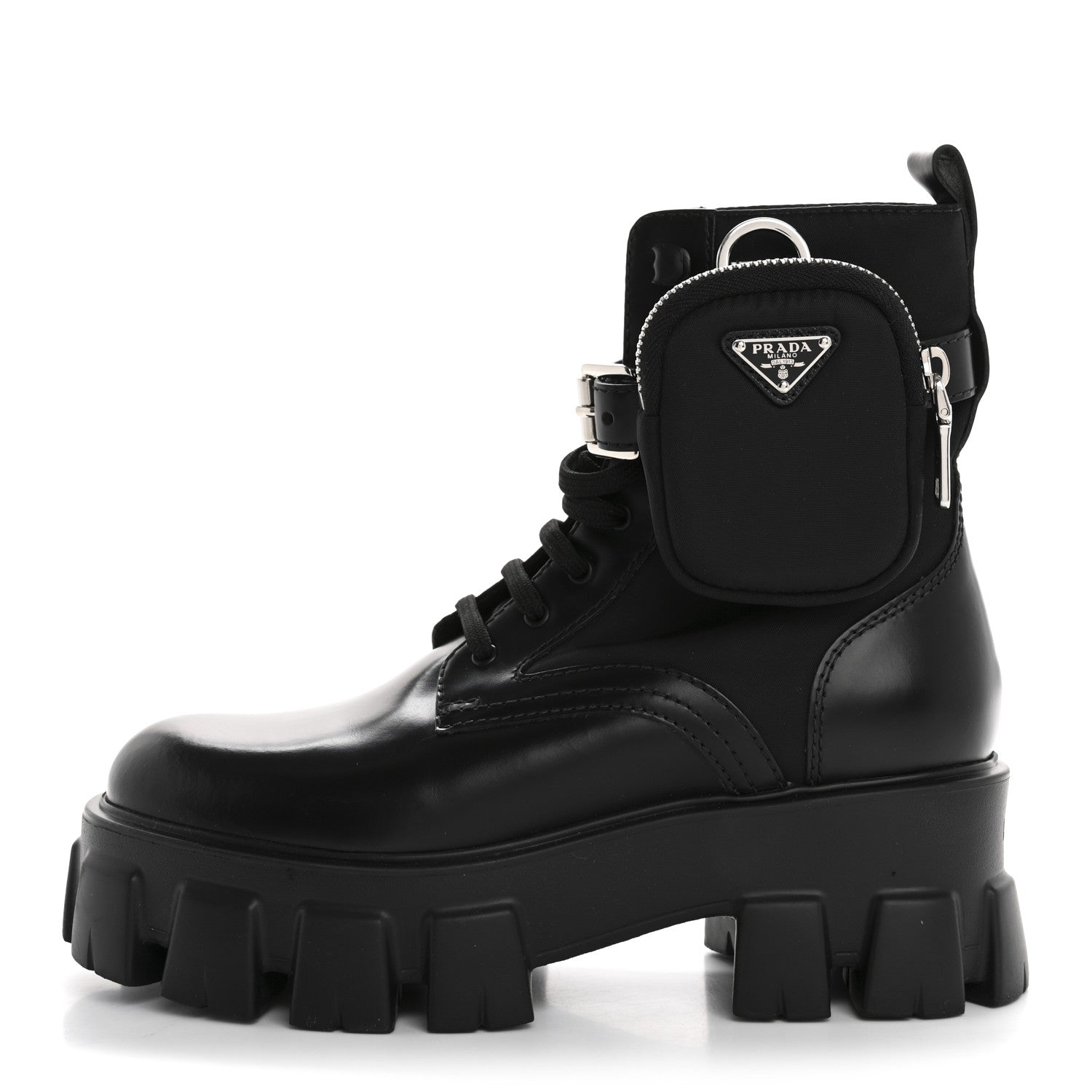 Prada Spazzolato Rois Nylon Metal Triangle Logo Monolith Pouch Pocket 55mm Boots 36.5 Black