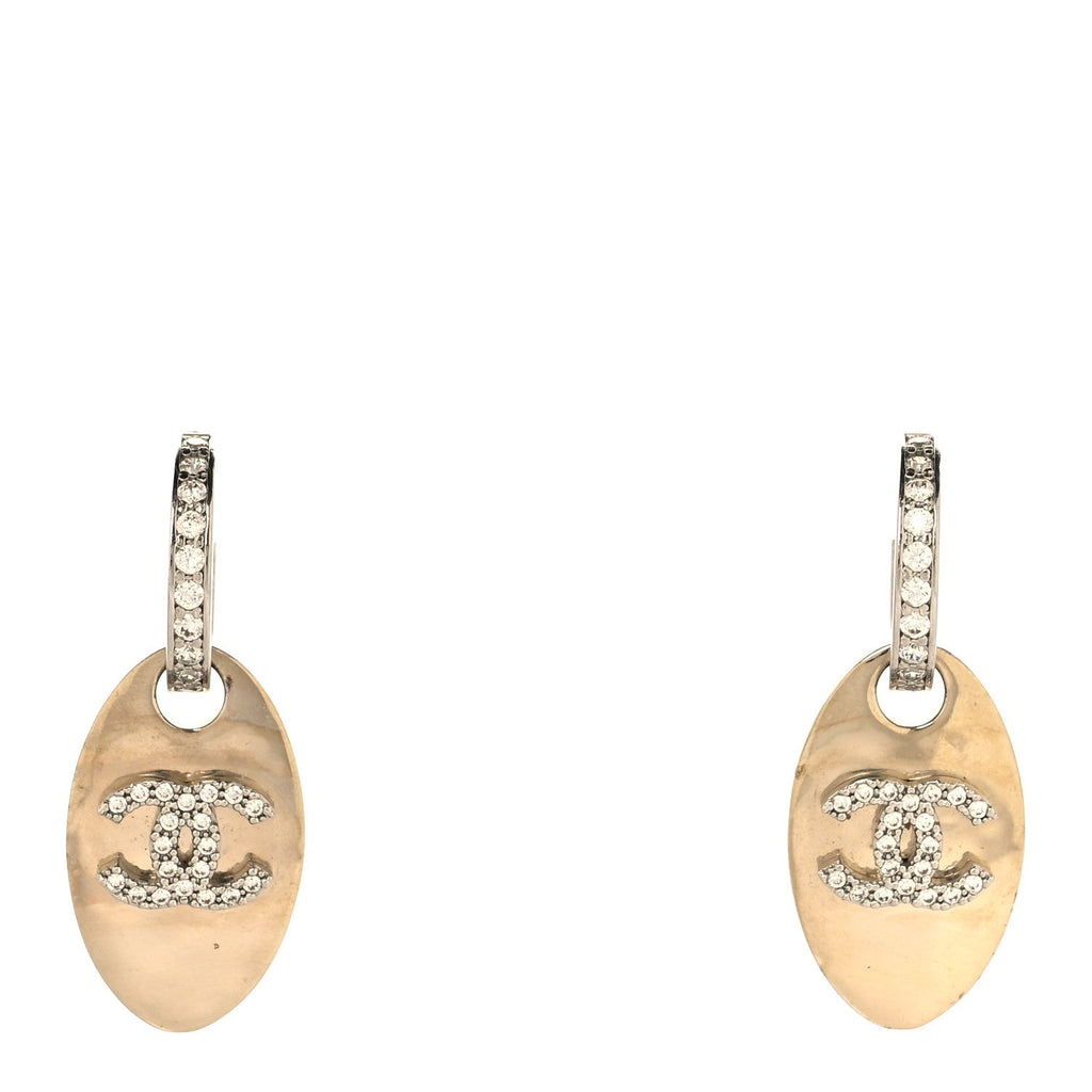 Chanel Crystal CC Tag Drop Earrings Gold