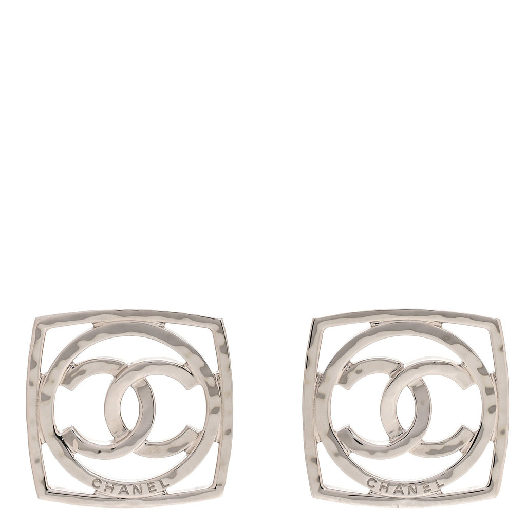 Chanel Metal Square CC Earrings Silver