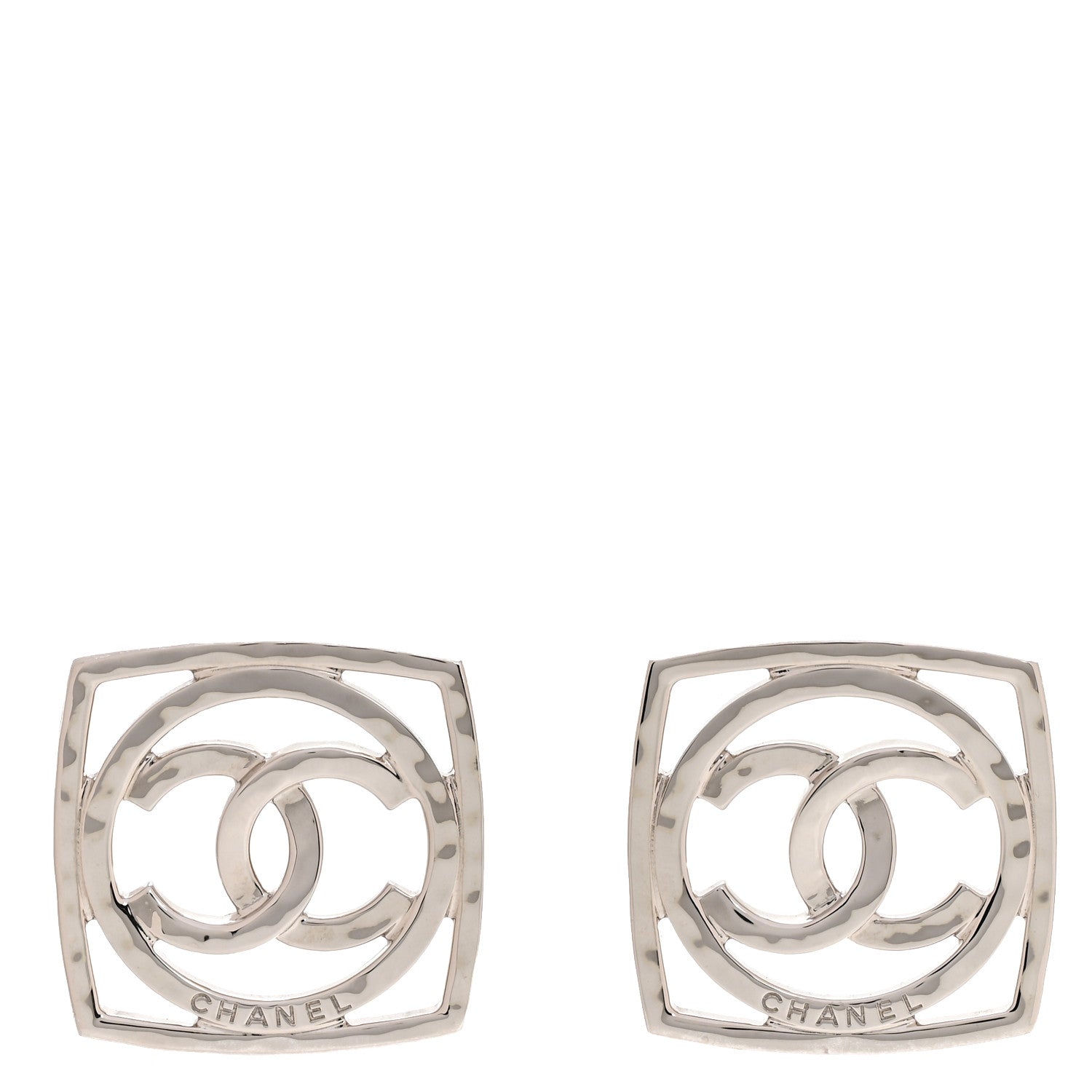 Chanel Metal Square CC Earrings Silver