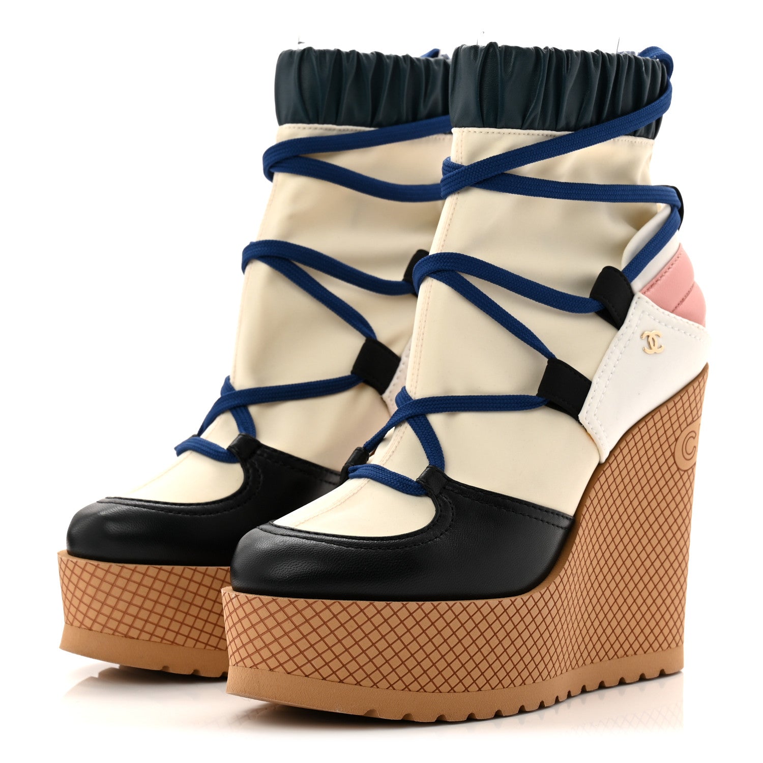 Chanel Fabric Lambskin Calfskin Runway Wedge Short Platform Boots 36 Blue White Pink