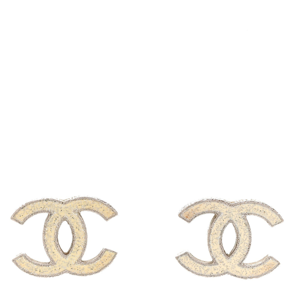 Chanel Glitter Resin CC Earrings Silver White