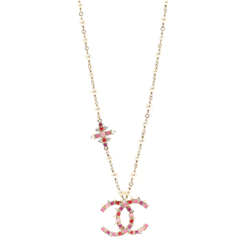 Chanel Pearl Crystal Beaded CC Pendant Necklace Gold Pink