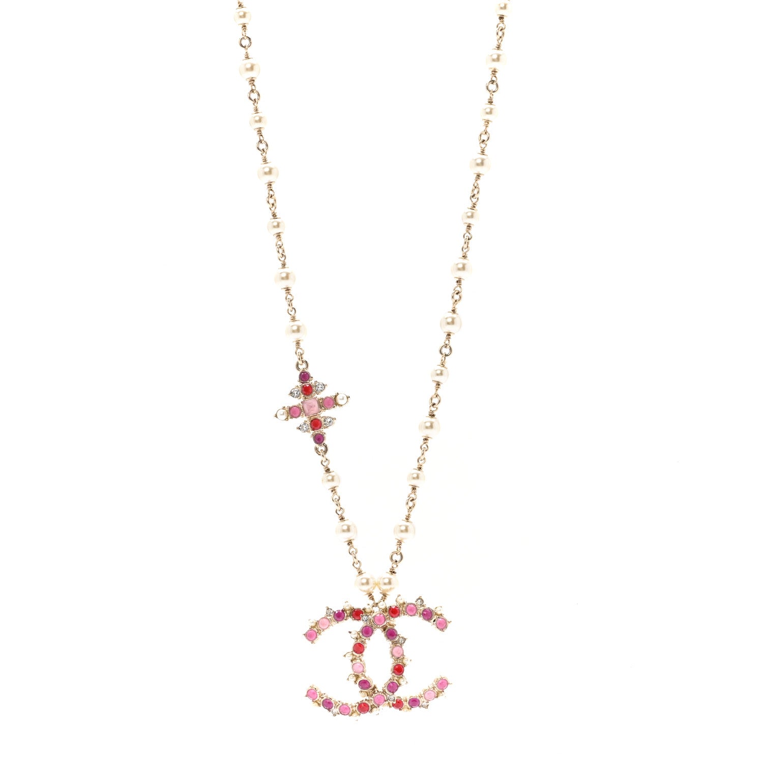 Chanel Pearl Crystal Beaded CC Pendant Necklace Gold Pink