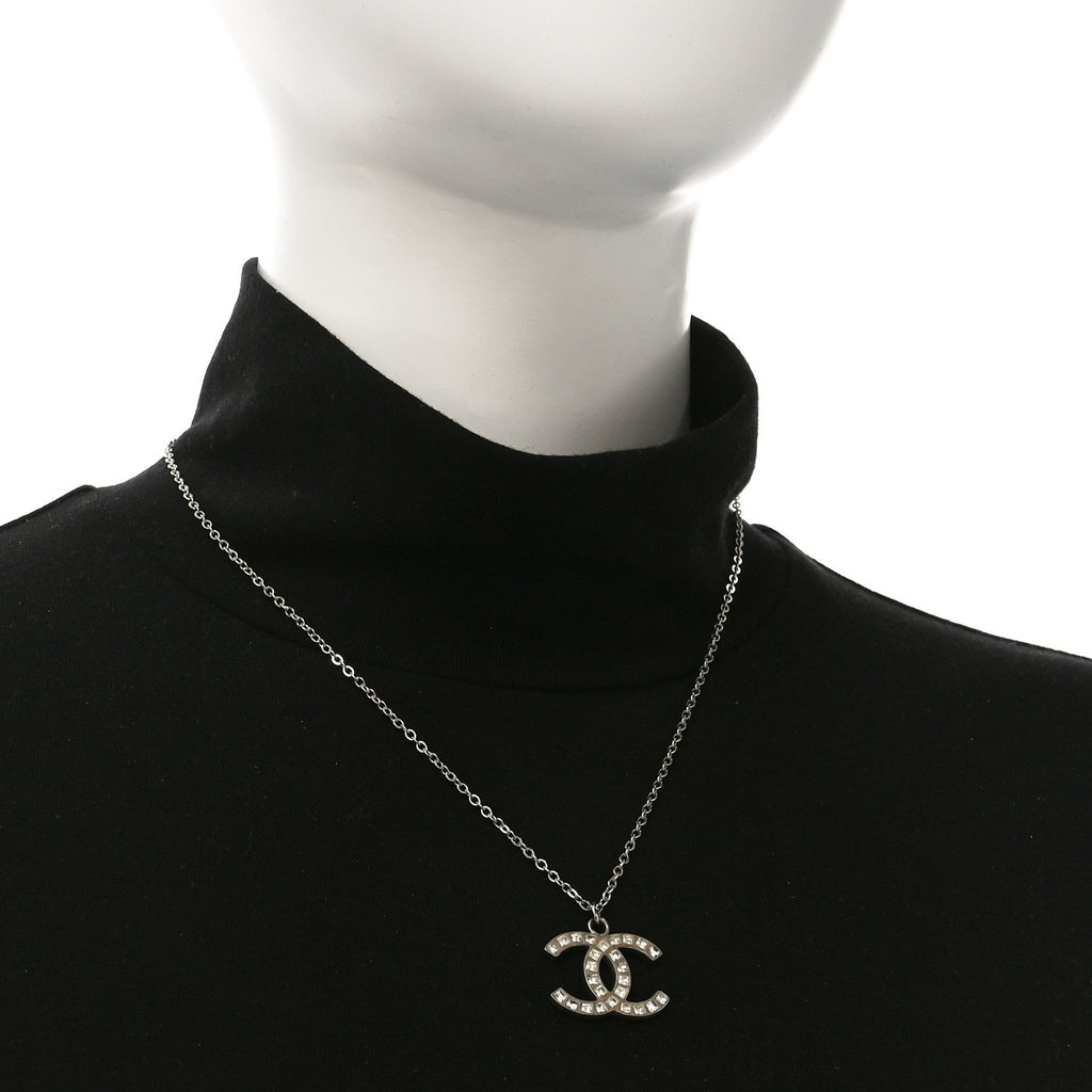 Chanel Baguette Crystal CC Necklace Silver