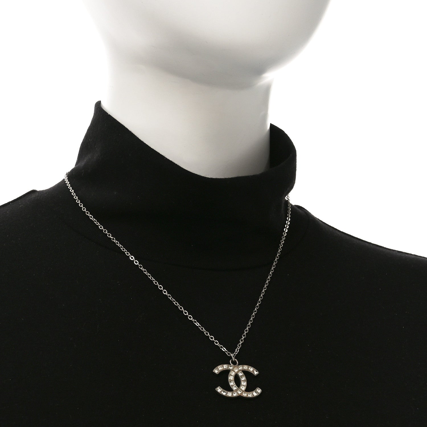 Chanel Baguette Crystal CC Necklace Silver