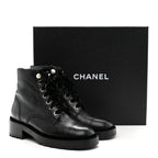 Chanel Shiny Calfskin Velvet Pearl Combat Short Boots 38 Black