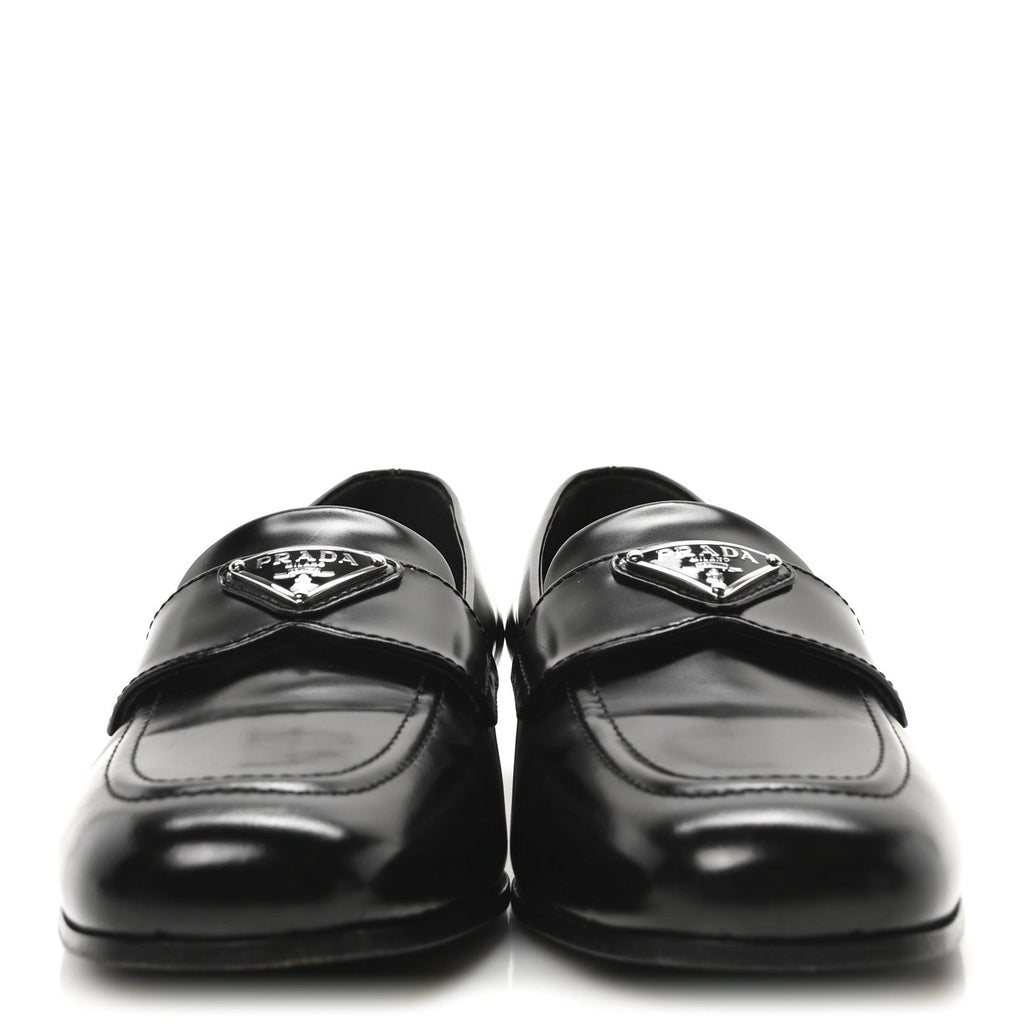 Prada Brushed Calfskin Metal Triangle Logo 20mm Loafers 36.5 Black