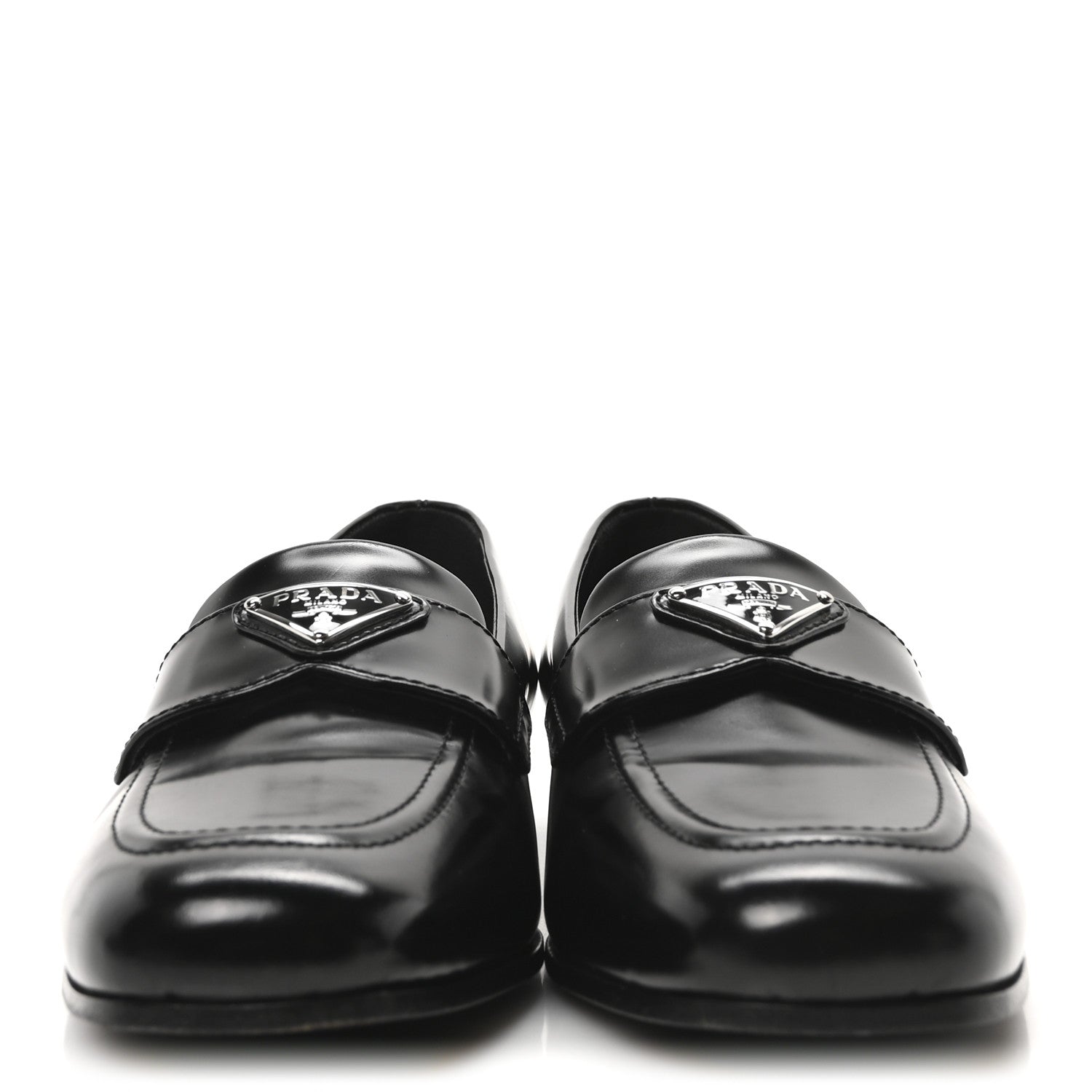 Prada Brushed Calfskin Metal Triangle Logo 20mm Loafers 36.5 Black