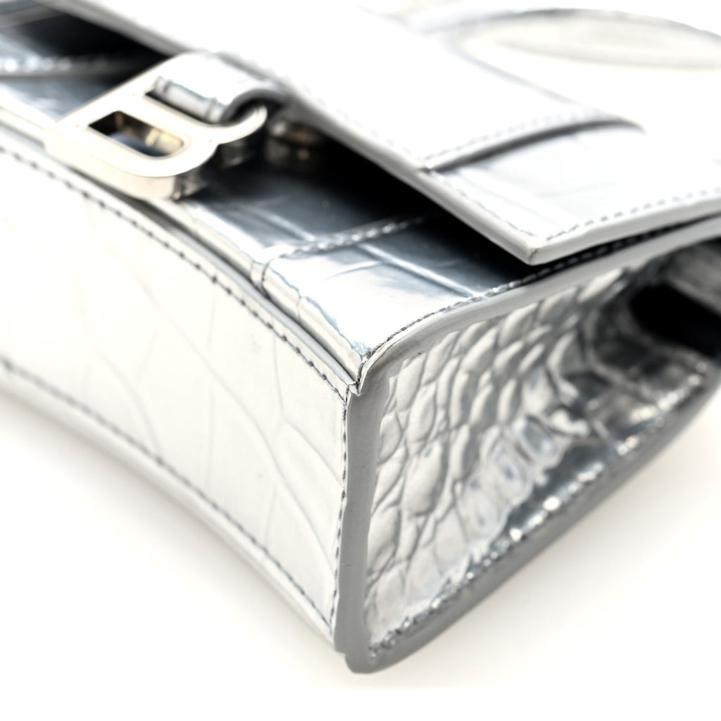 Balenciaga Metallic Calfskin Crocodile Embossed Hourglass Top Handle Bag Mini Silver