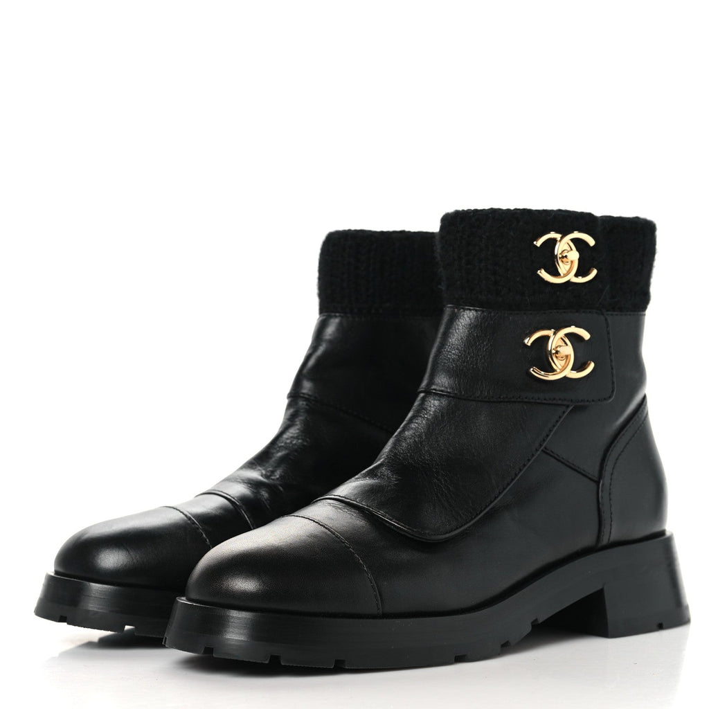 Chanel Calfskin Knit CC Short Boots 41 Black