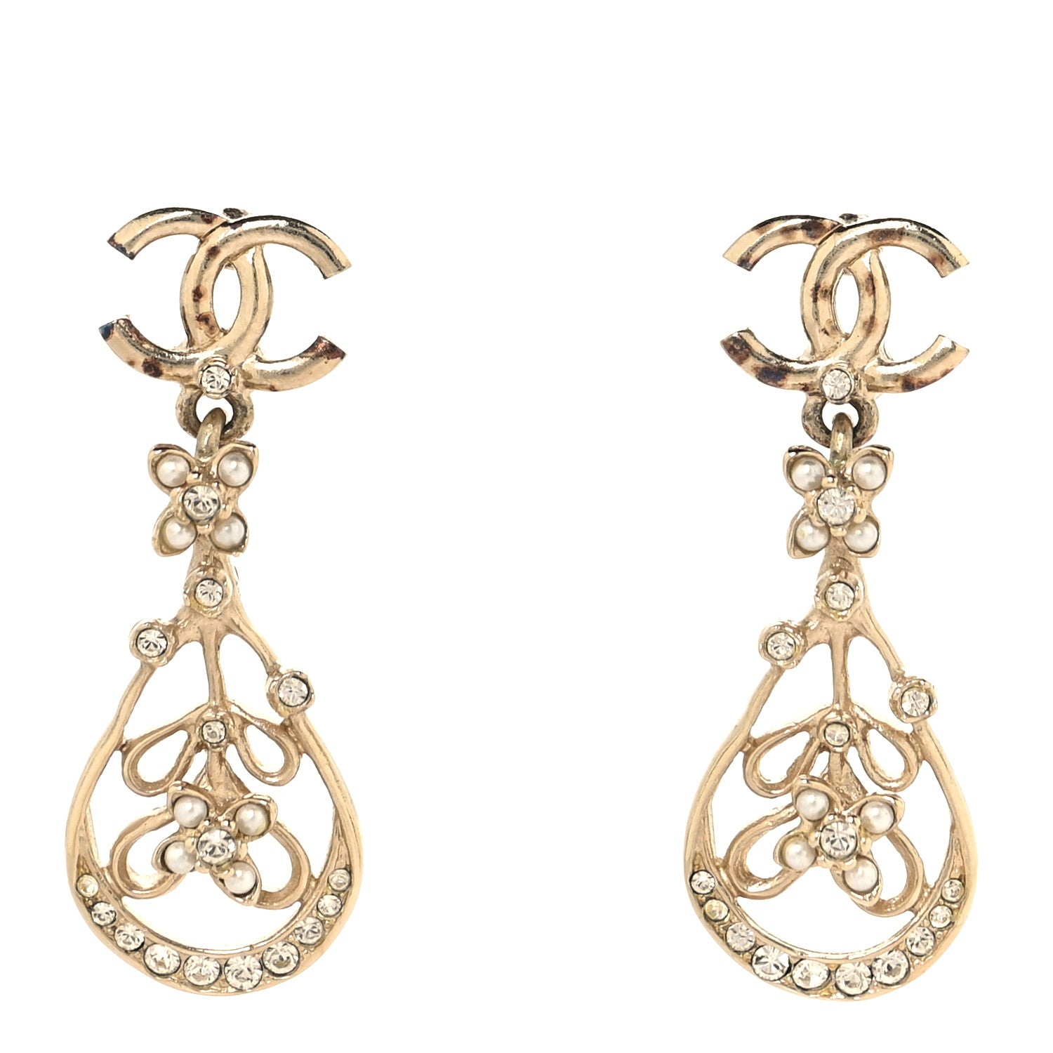 Chanel Pearl Crystal CC Drop Earrings Gold