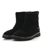 Chanel Kid Suede Shearling Womens Cap Toe Chain Short Boots 38 Black