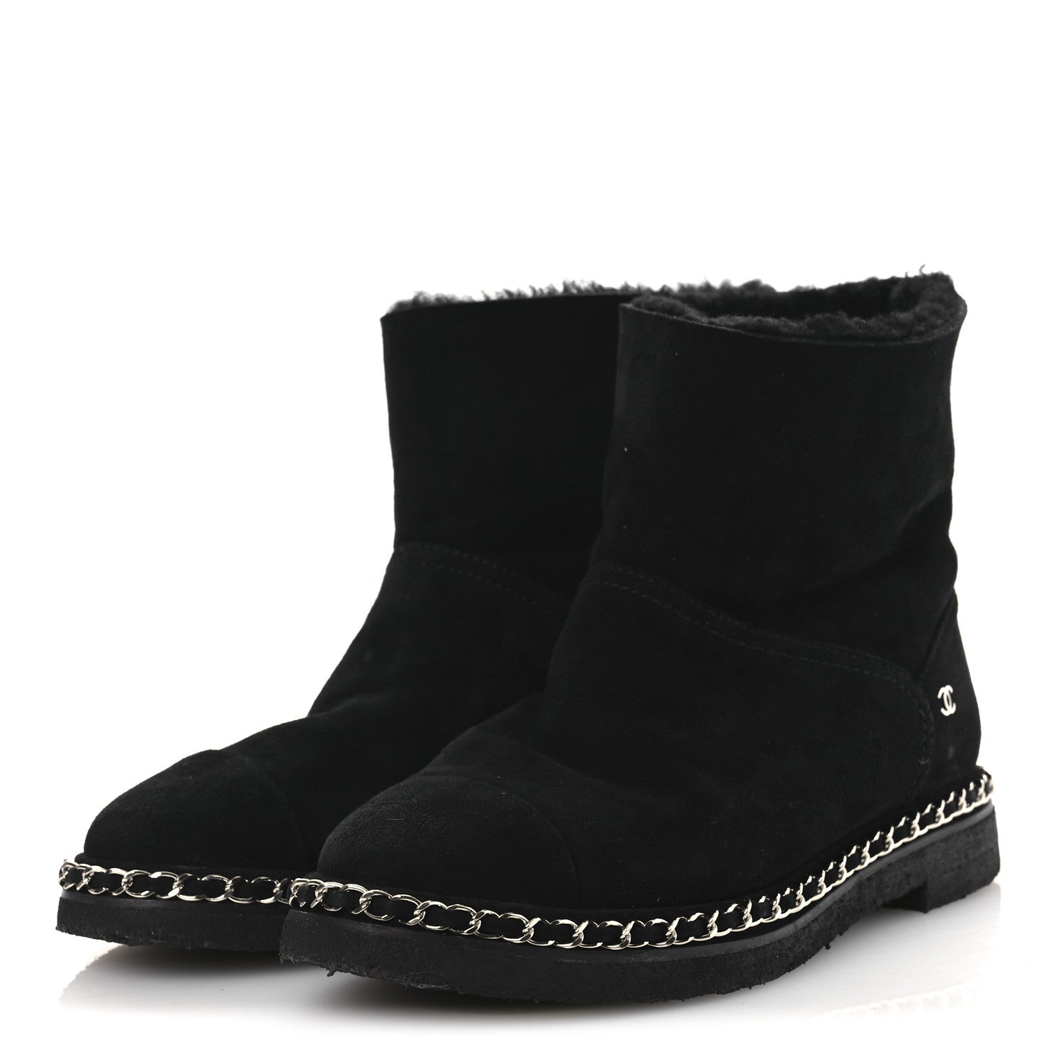 Chanel Kid Suede Shearling Womens Cap Toe Chain Short Boots 38 Black