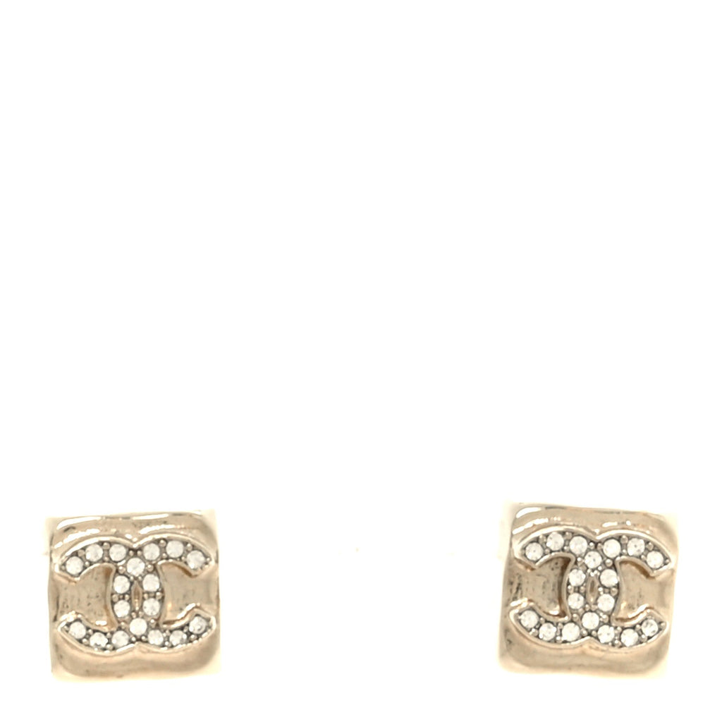 Chanel Metal Crystal Mini Square CC Earrings Gold