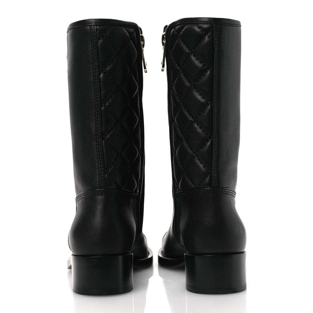 Chanel Calfskin Quilted CC Logo Mid Calf Boots 35 Black