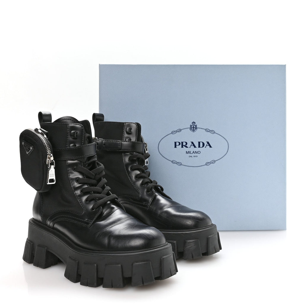 Prada Spazzolato Rois Nylon Metal Triangle Logo Monolith Pouch Pocket 55mm Boots 37 Black