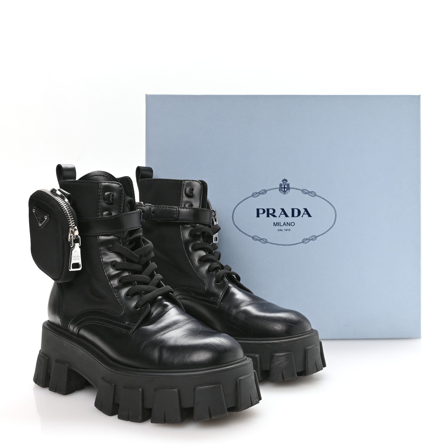 Prada Spazzolato Rois Nylon Metal Triangle Logo Monolith Pouch Pocket 55mm Boots 37 Black