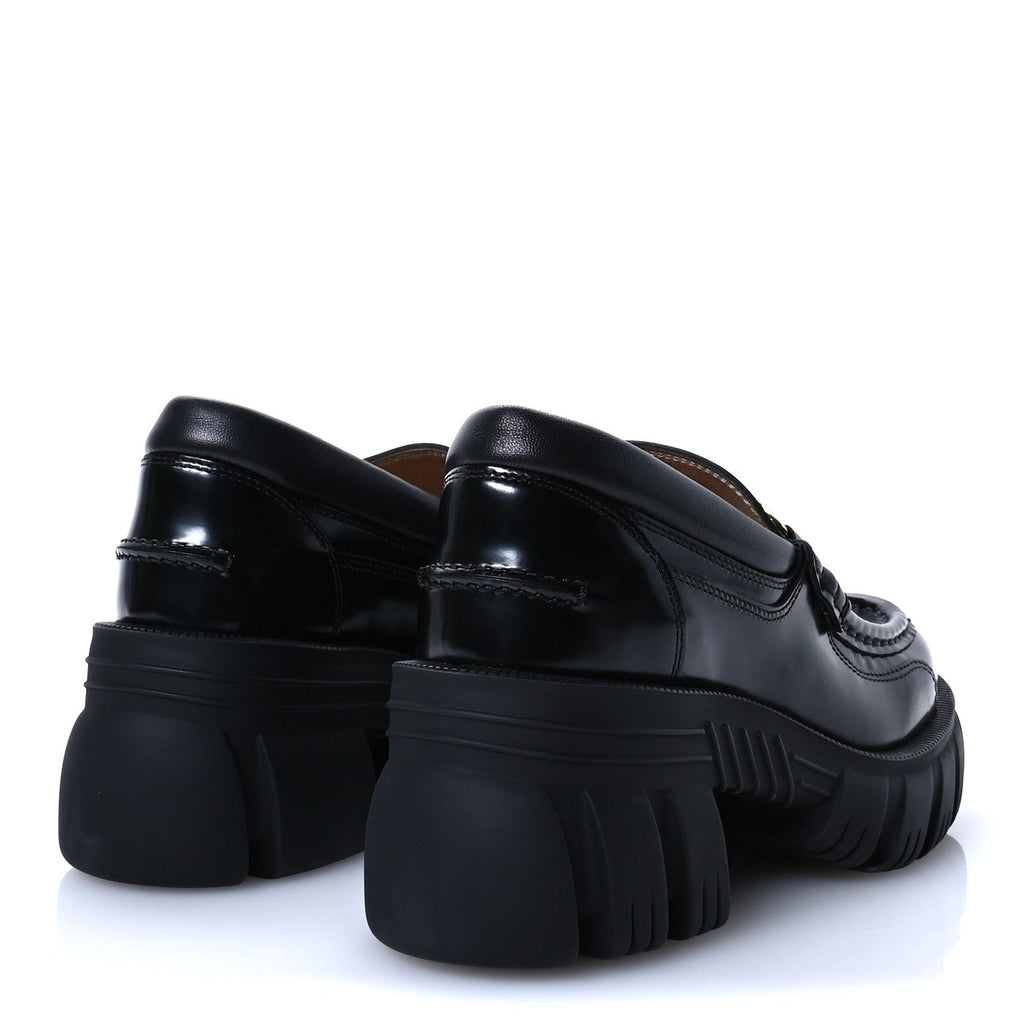Gucci Magnum Calfskin Nappa Samoa Womens Horsebit Platform Chunky Lug Sole 40mm Loafers 35 Black