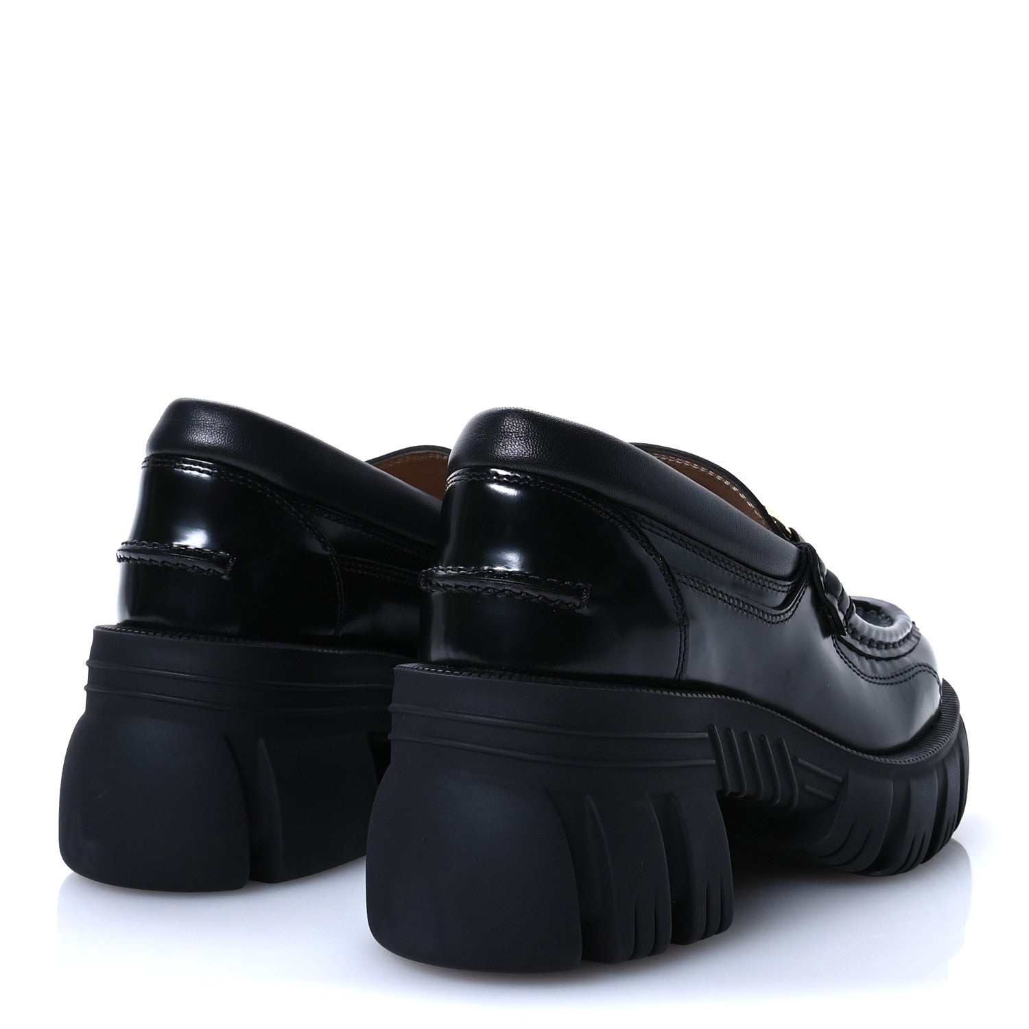 Gucci Magnum Calfskin Nappa Samoa Womens Horsebit Platform Chunky Lug Sole 40mm Loafers 35 Black