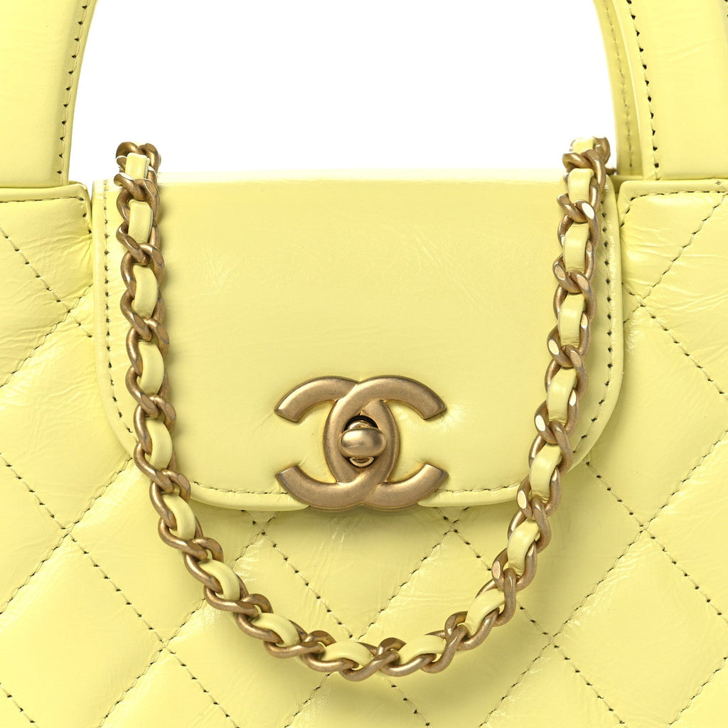 Chanel Shiny Aged Calfskin Quilted Nano Kelly Shopper Light Yellow