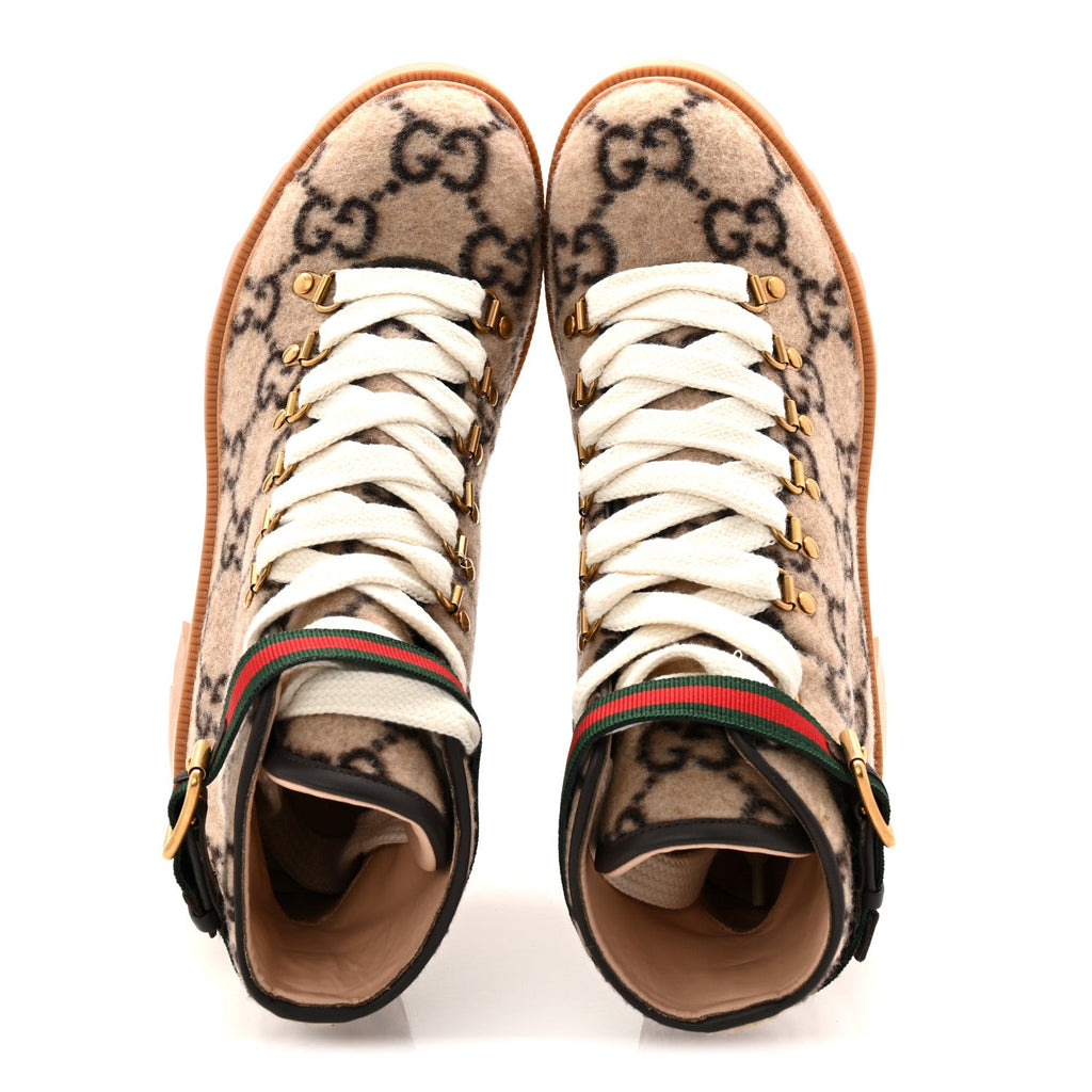 Gucci Covered Wool Big GG Monogram Womens Lace Up Combat Ankle Boots 39 Beige Ebony Cocoa