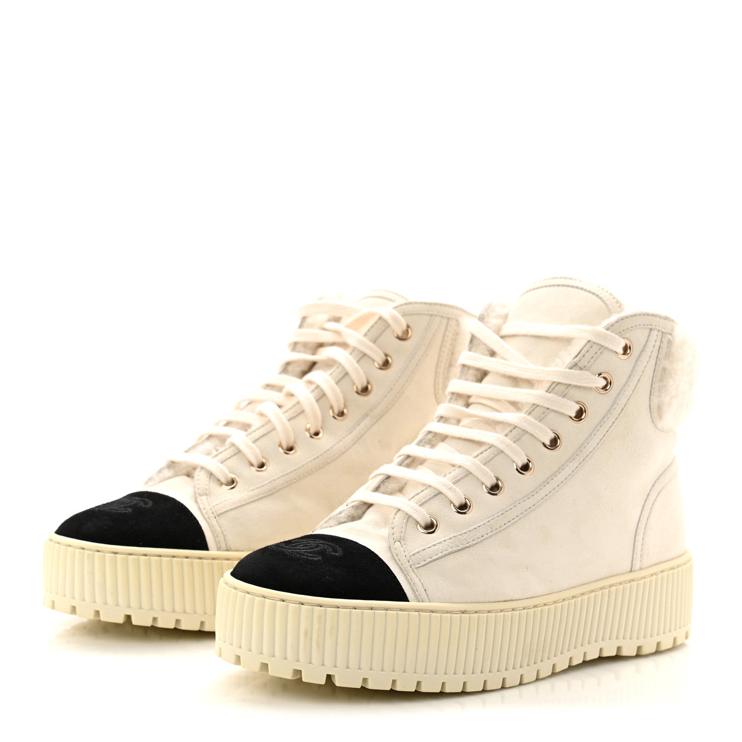 Chanel Kid Suede Shearling Sheepskin Lace Up Boots 38 Ivory White Black
