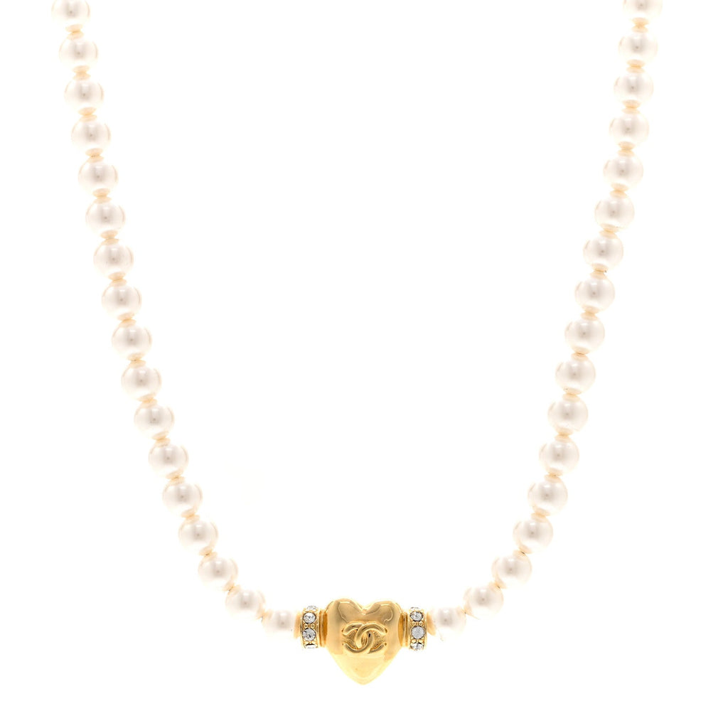 Chanel Crystal Pearl CC Heart Choker Necklace Gold