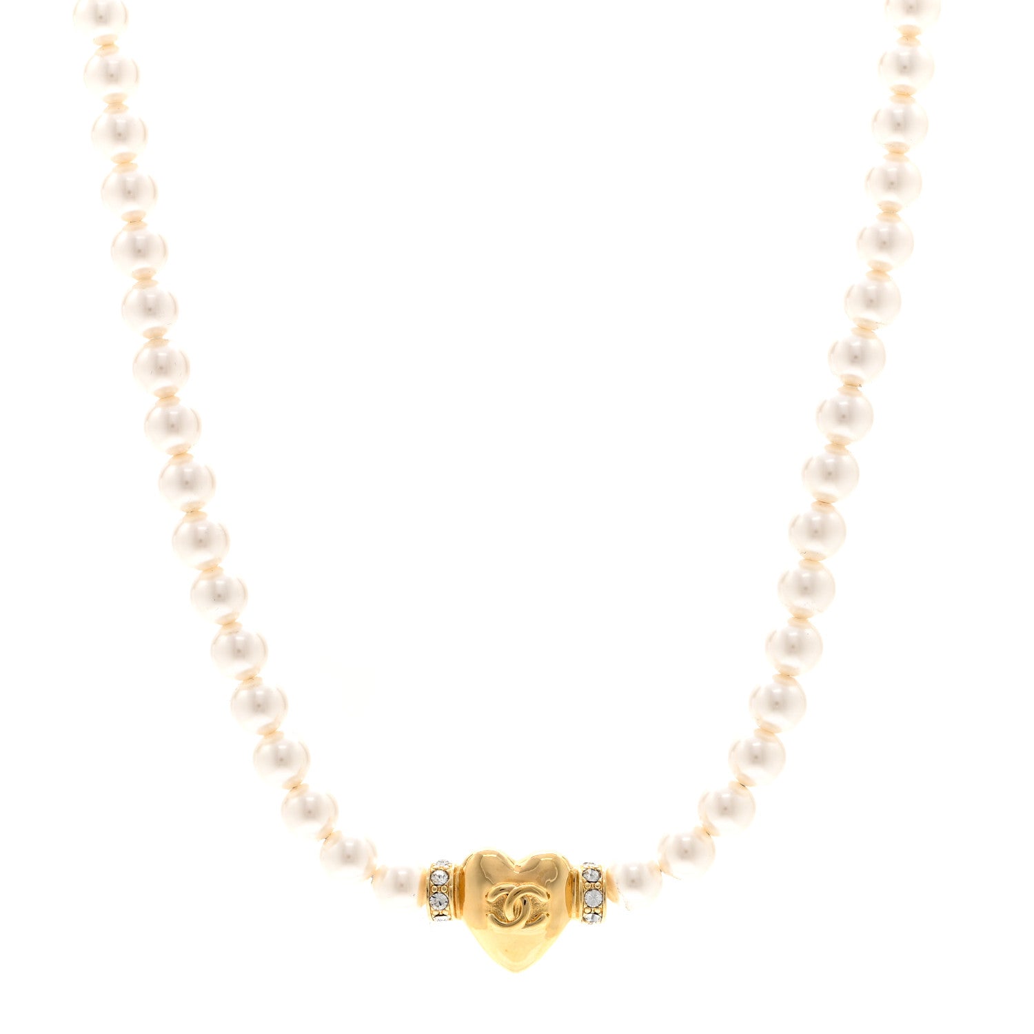 Chanel Crystal Pearl CC Heart Choker Necklace Gold