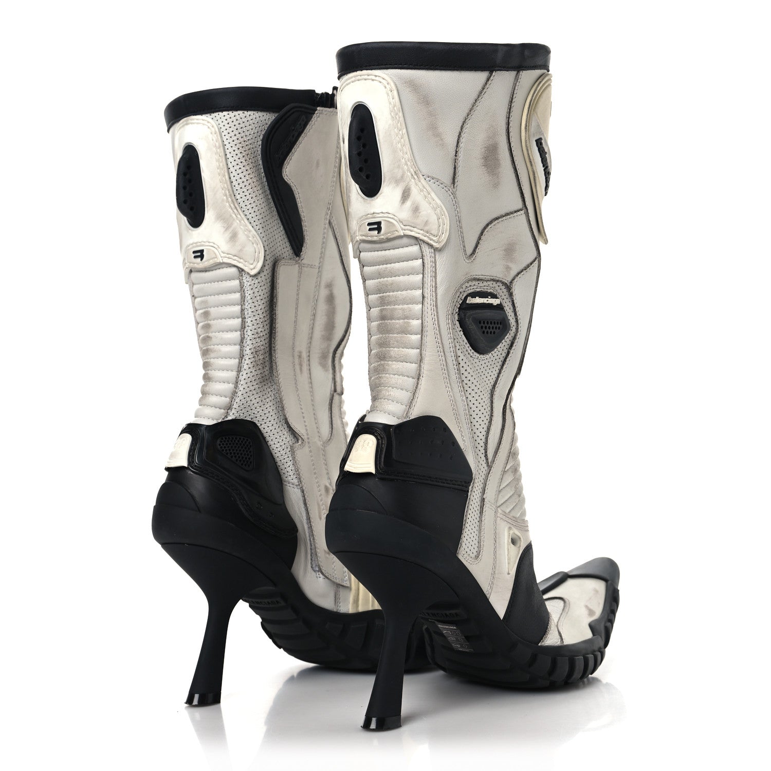 Balenciaga Calfskin Distressed Biker Boots 38 White Beige Black