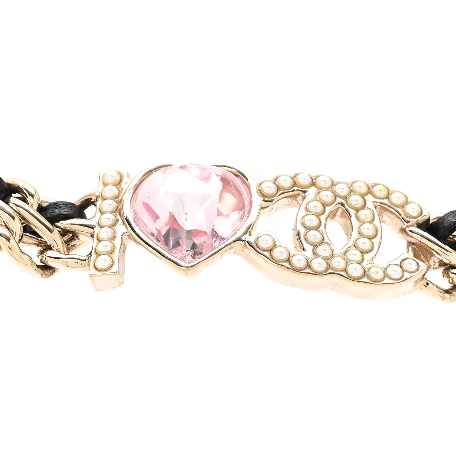 Chanel Metal Lambskin Crystal I Heart CC Choker Necklace Gold Black