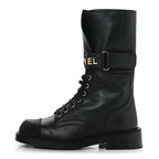 Chanel Shiny Calfskin Grosgrain Lace Up Combat Boots 36.5 Black