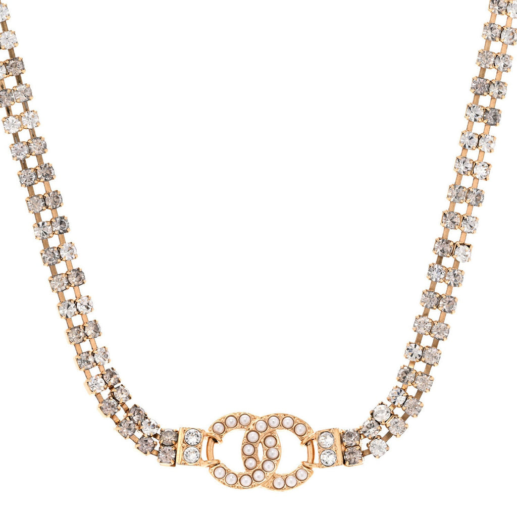 Chanel Crystal Pearl CC Choker Necklace Gold
