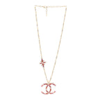 Chanel Pearl Crystal Beaded CC Pendant Necklace Gold Pink