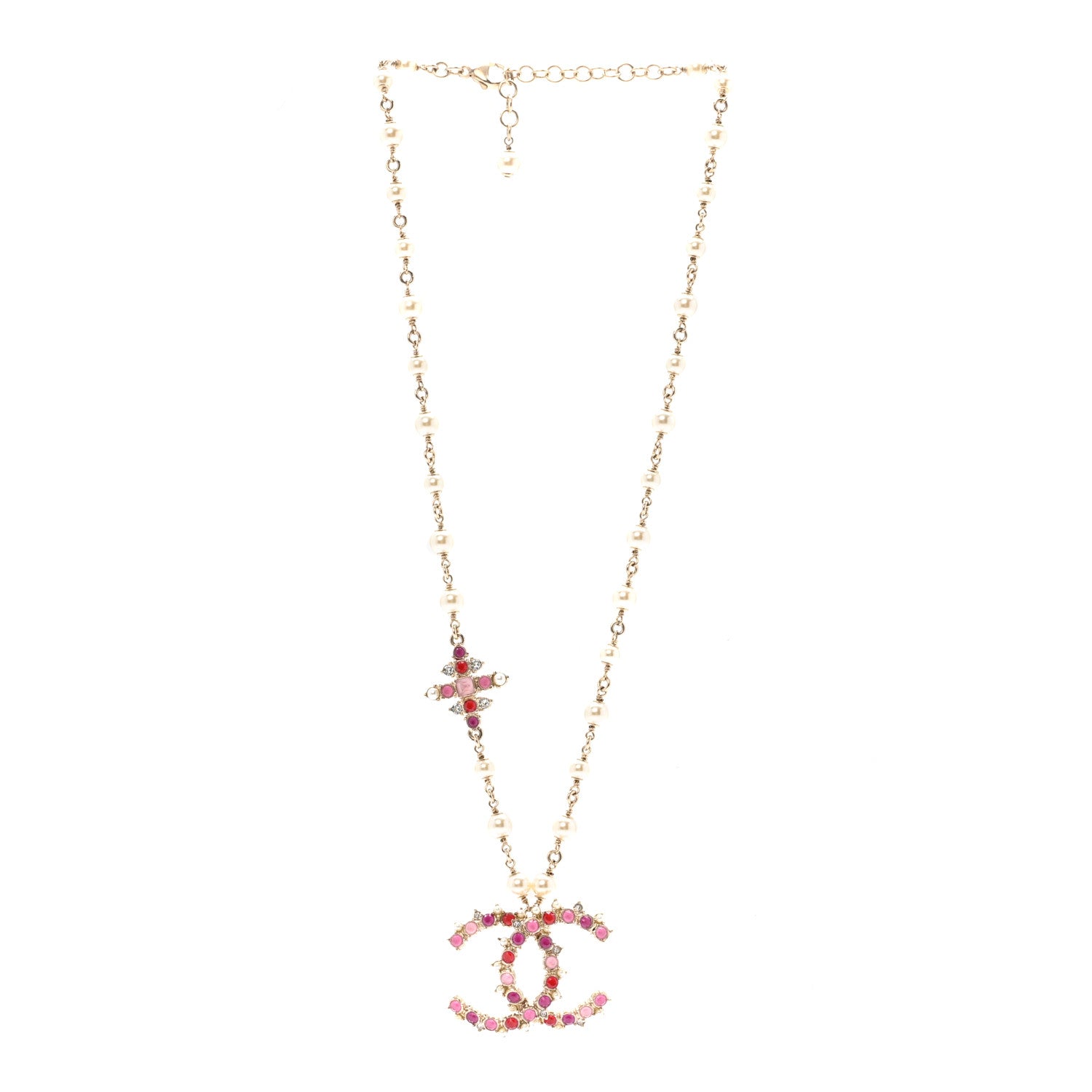 Chanel Pearl Crystal Beaded CC Pendant Necklace Gold Pink