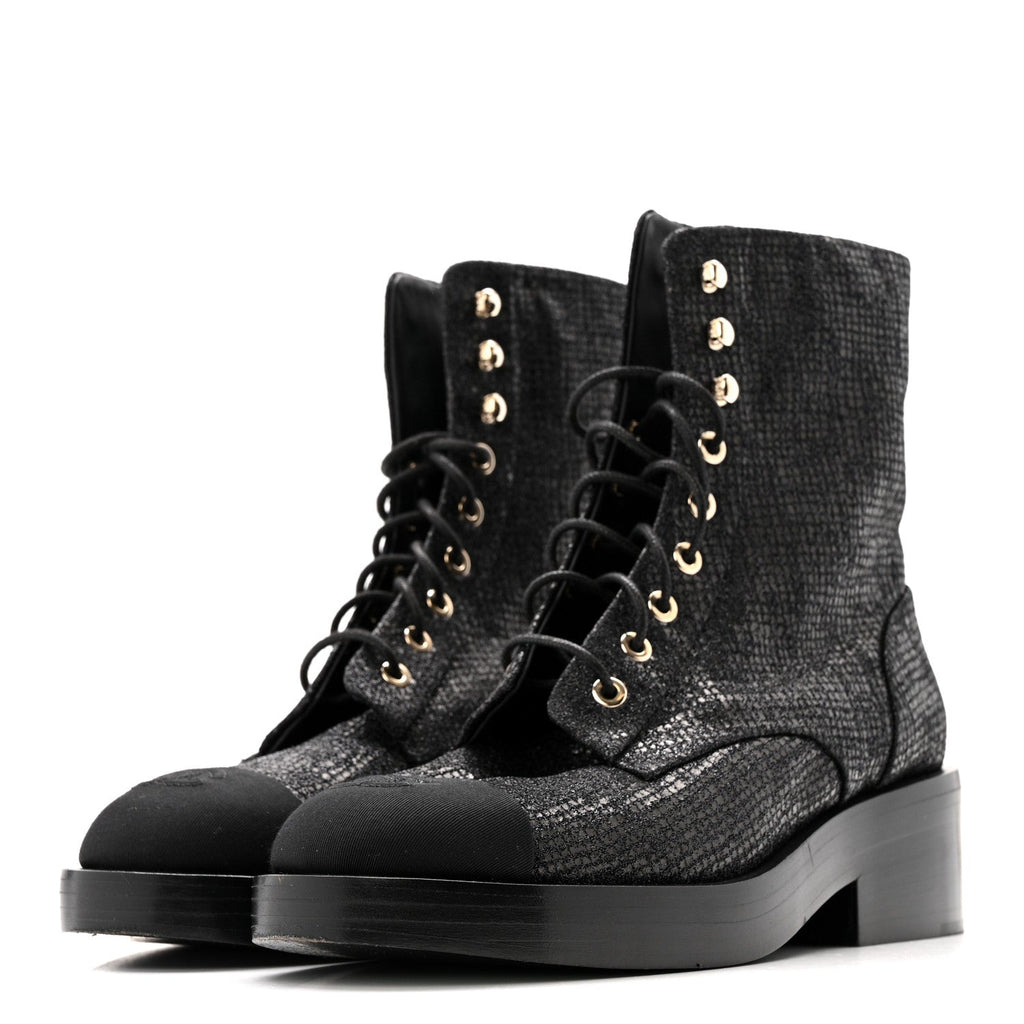 Chanel Fabric Crossgrain Cap Toe Combat Boots 38.5 Black