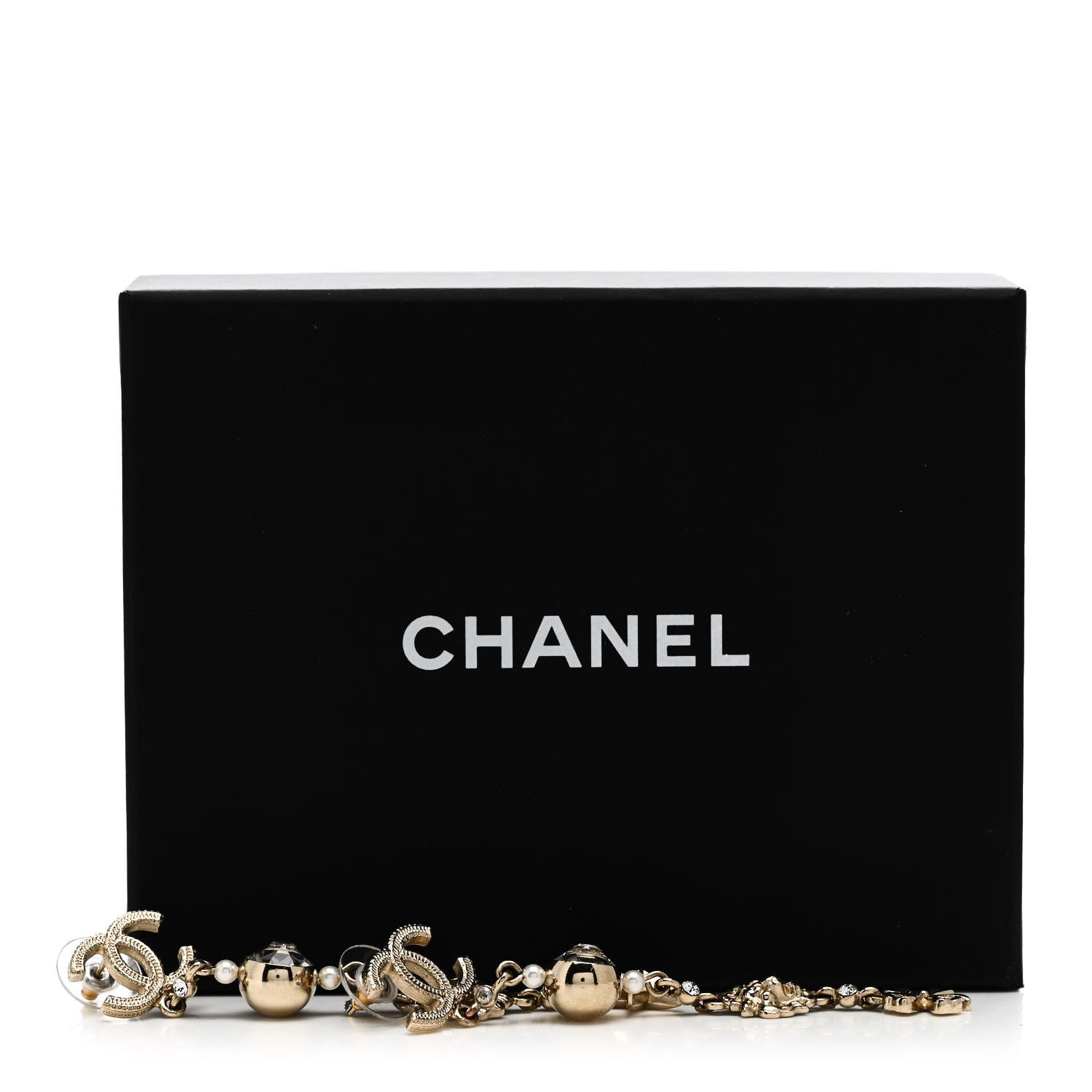 Chanel Crystal Pearl CC Charms Drop Earrings Gold