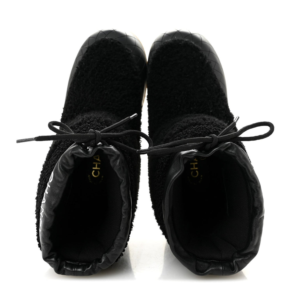 Chanel Tweed Shearling Sheepskin Drawstring Snow Ankle Boots 36 Black