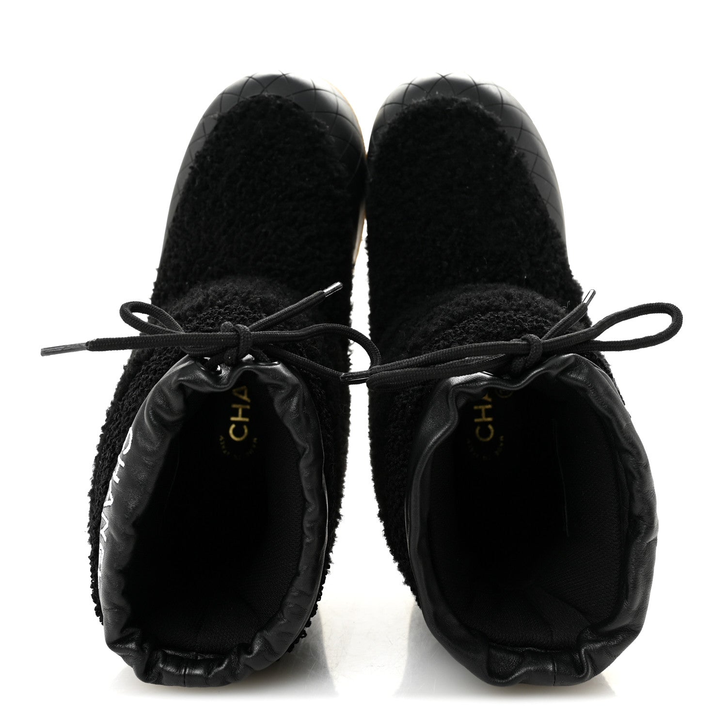 Chanel Tweed Shearling Sheepskin Drawstring Snow Ankle Boots 36 Black