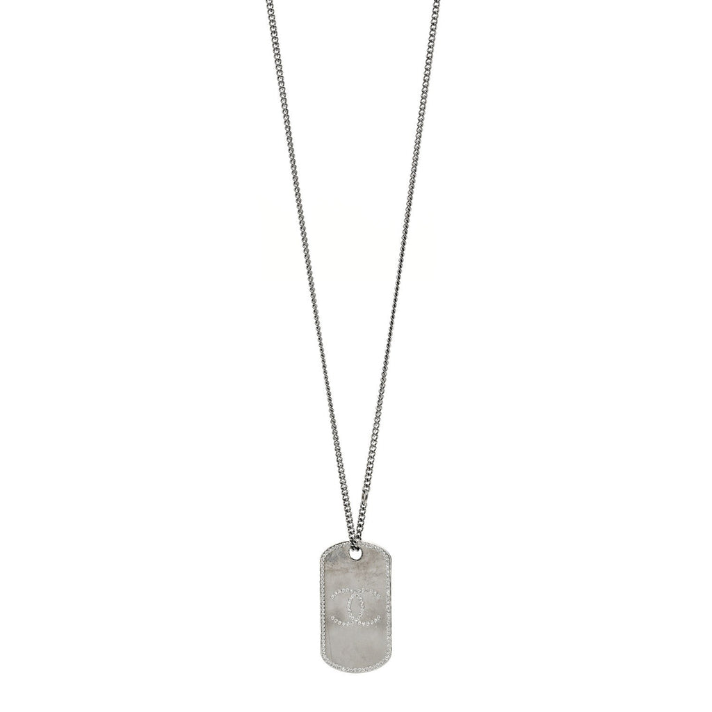 Chanel Metal Crystal Ruthenium Dog Tag Charm Necklace Black